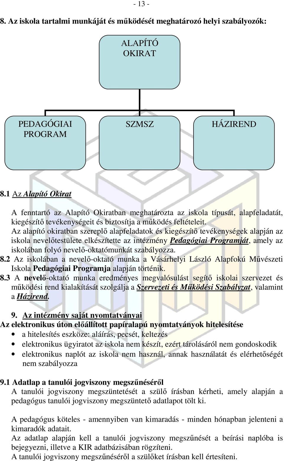 Az alapító okiratban szereplő alapfeladatok és kiegészítő tevékenységek alapján az iskola nevelőtestülete elkészítette az intézmény Pedagógiai Programját, amely az iskolában folyó nevelő-oktatómunkát