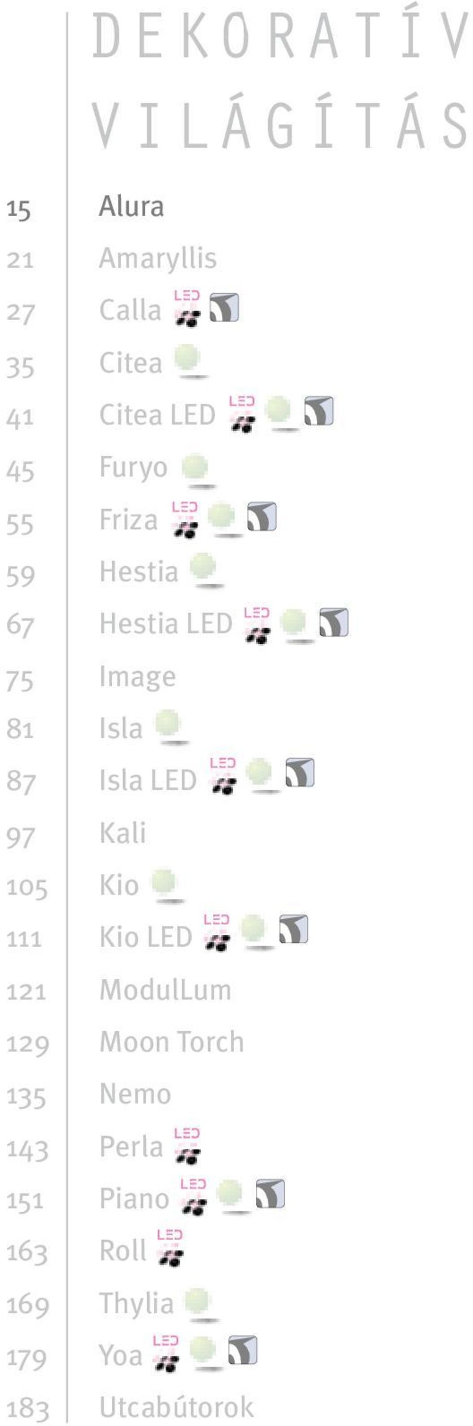 Isla 87 Isla LED 97 Kali 105 Kio 111 Kio LED 121 ModulLum 129 Moon