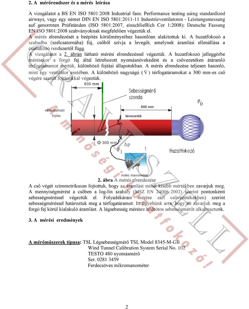 Deutsche Fassung EN ISO 5801:008 szabványoknak megfelelően végeztük el. A mérés elrendezését a beépítés körülményeihez hasonlóan alakítottuk ki.