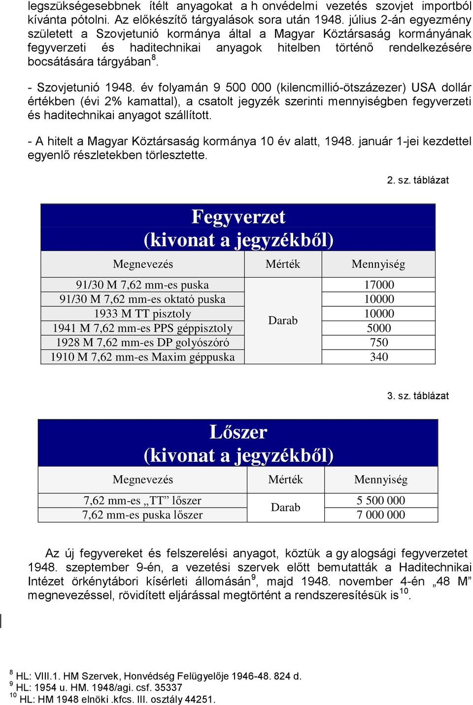 - Szovjetunió 1948. év folyamán 9 500 000 (kilencmillió-ötszázezer) USA dollár értékben (évi 2% kamattal), a csatolt jegyzék szerinti mennyiségben fegyverzeti és haditechnikai anyagot szállított.