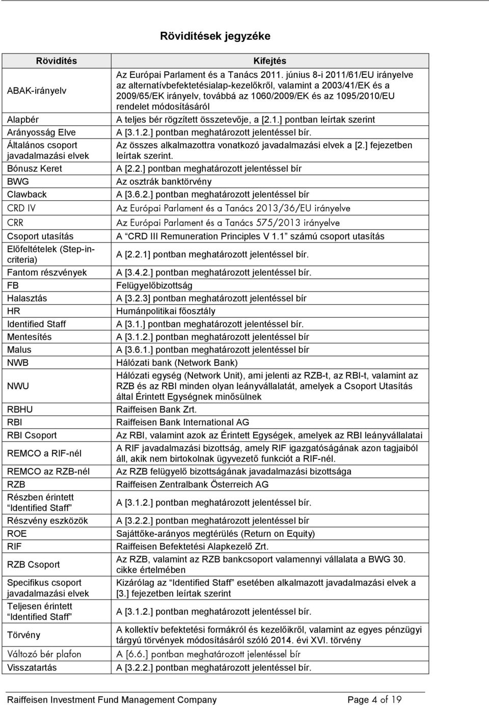 Specifikus csoport javadalmazási elvek Teljesen érintett Identified Staff Törvény Változó bér plafon Visszatartás Kifejtés Az Európai Parlament és a Tanács 2011.