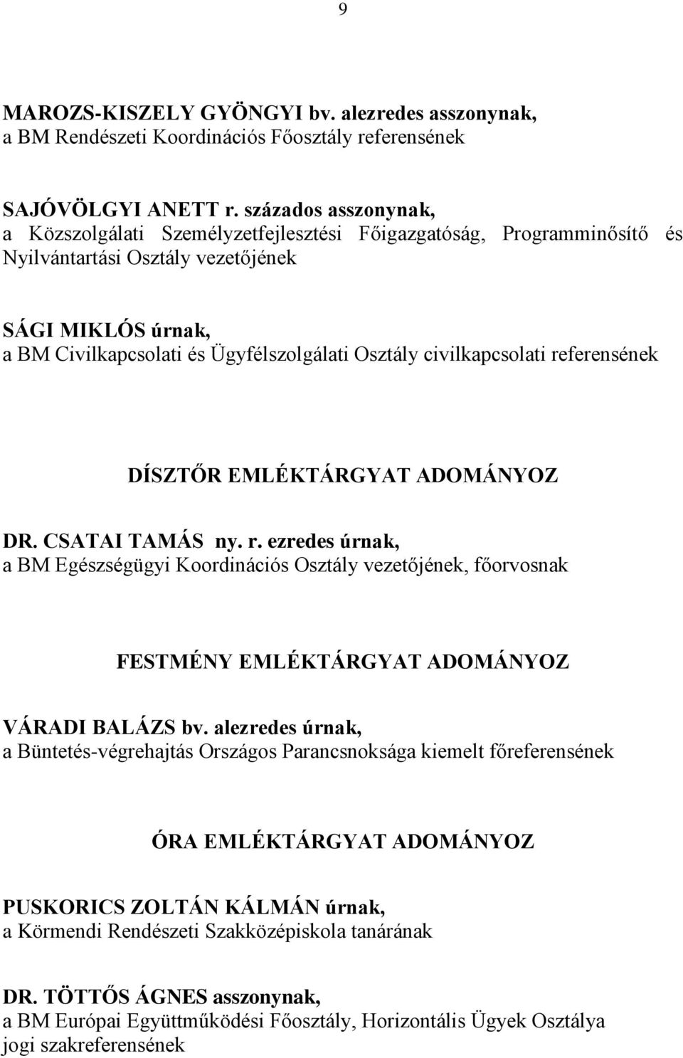 civilkapcsolati referensének DÍSZTŐR EMLÉKTÁRGYAT ADOMÁNYOZ DR. CSATAI TAMÁS ny. r. ezredes úrnak, a BM Egészségügyi Koordinációs Osztály vezetőjének, főorvosnak FESTMÉNY EMLÉKTÁRGYAT ADOMÁNYOZ VÁRADI BALÁZS bv.