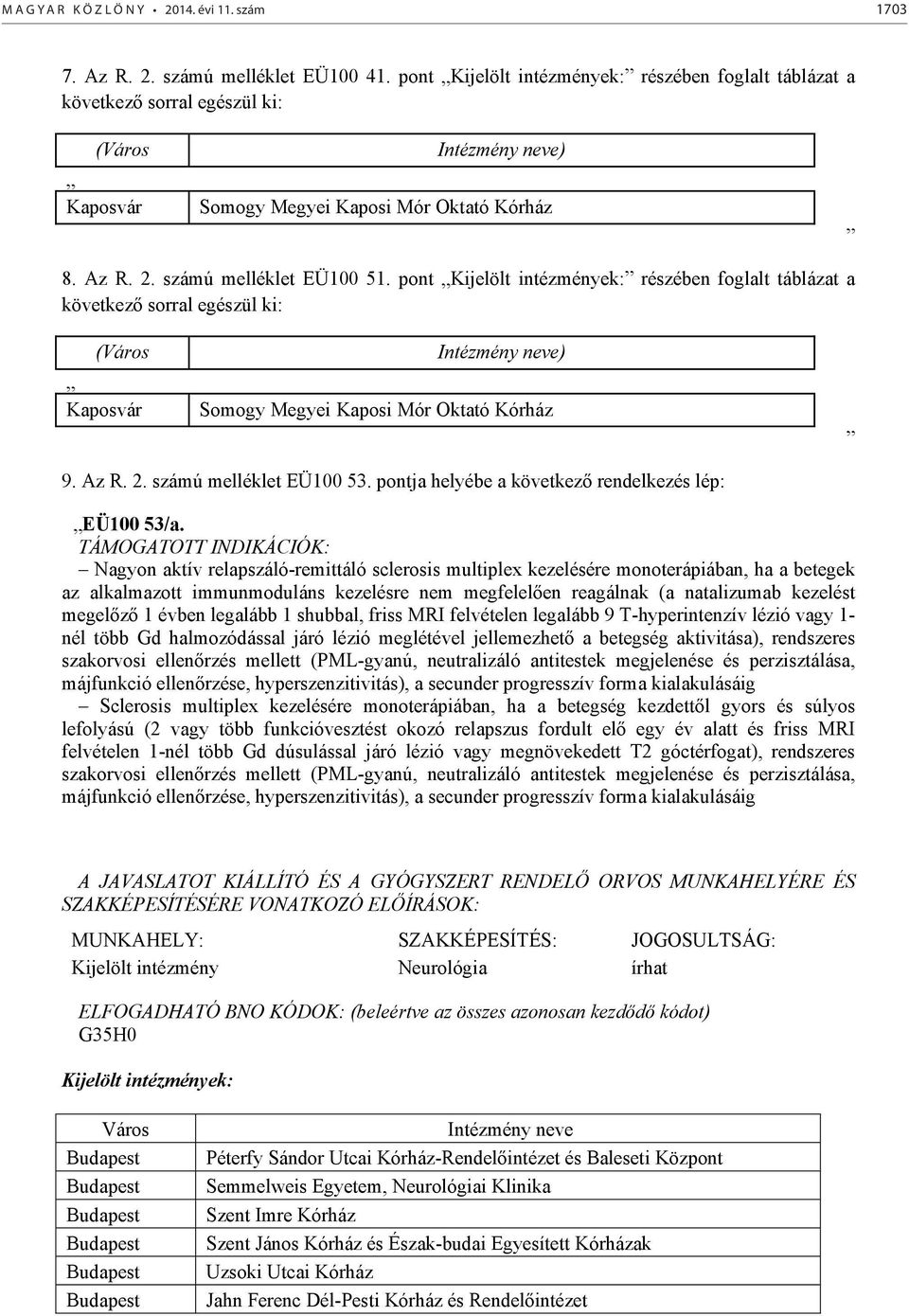 pont Kijelölt intézmények: részében foglalt táblázat a következő sorral egészül ki: (Város Kaposvár Intézmény neve) Somogy Megyei Kaposi Mór Oktató Kórház 9. Az R. 2. számú melléklet EÜ100 53.