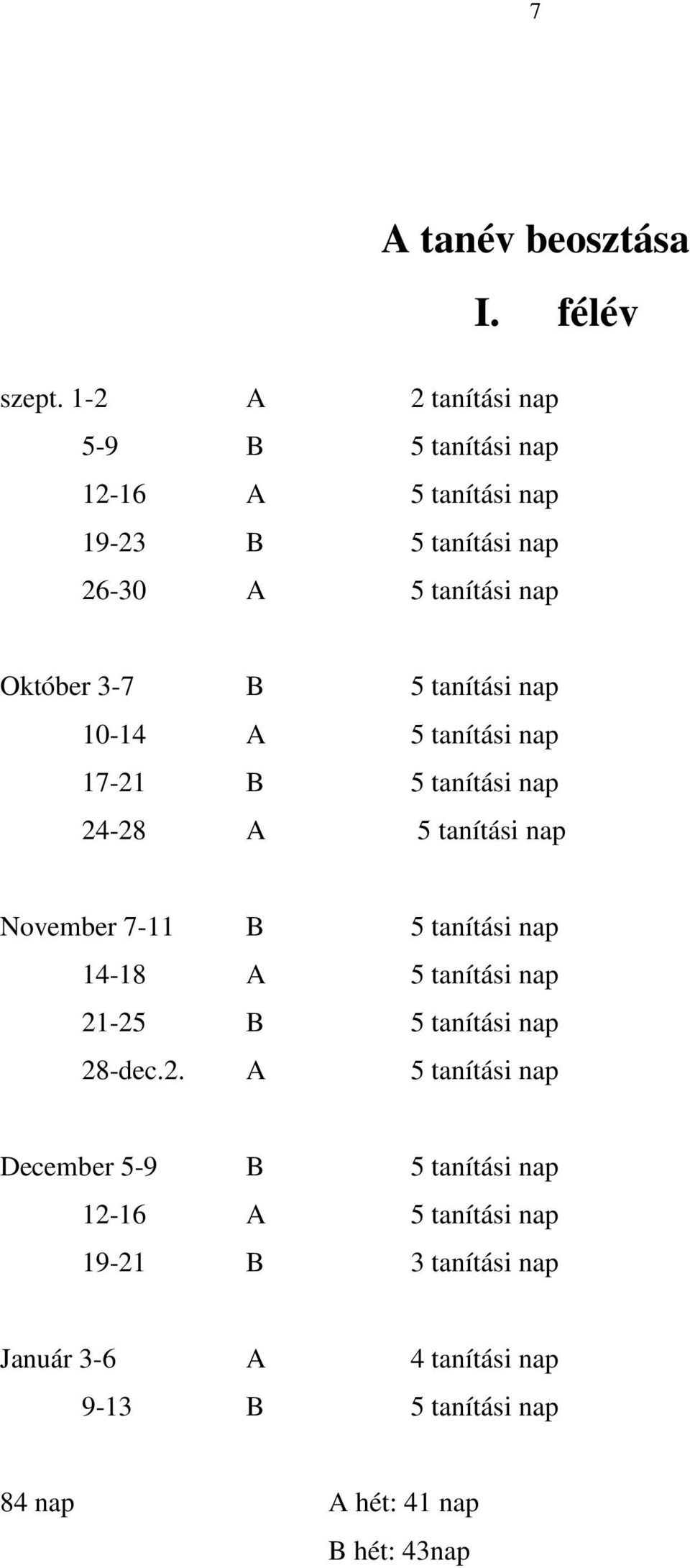 tanítási nap 10-14 A 5 tanítási nap 17-21 B 5 tanítási nap 24-28 A 5 tanítási nap November 7-11 B 5 tanítási nap 14-18 A 5