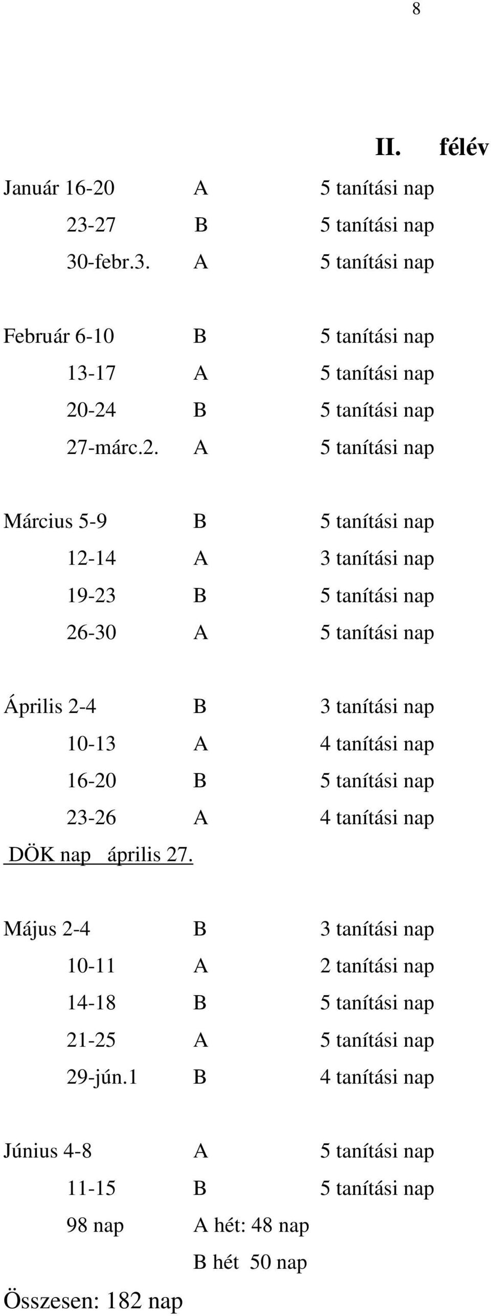 tanítási nap 16-20 B 5 tanítási nap 23-26 A 4 tanítási nap DÖK nap április 27.