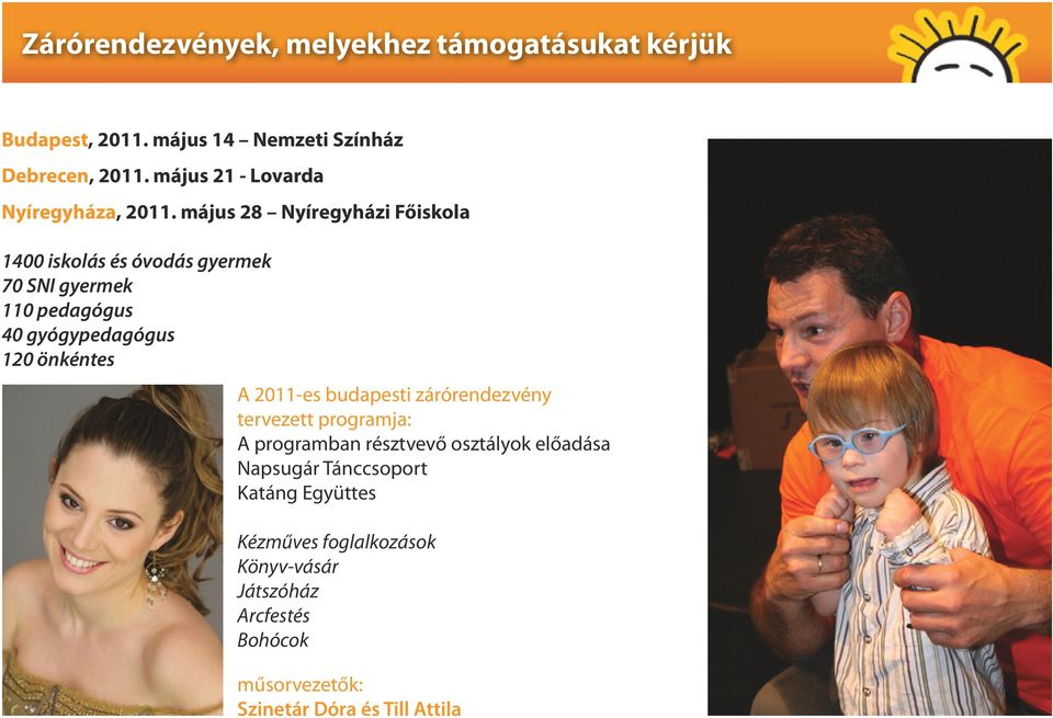 május 28 Nyíregyházi Főiskola 1400 iskolás és óvodás gyermek 70 SNI gyermek 110 pedagógus 40 gyógypedagógus 120 önkéntes A