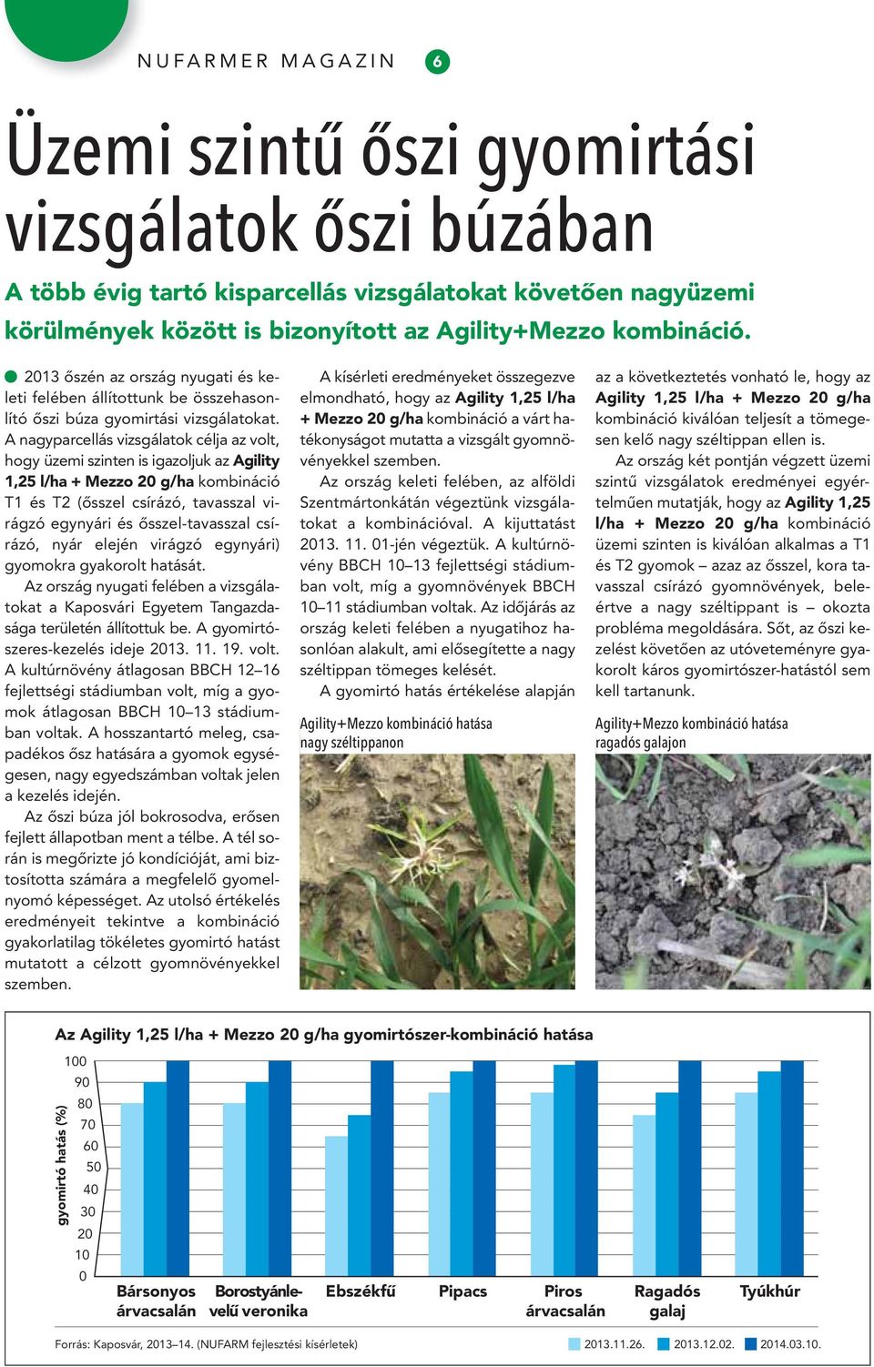 A nagyparcellás vizsgálatok célja az volt, hogy üzemi szinten is igazoljuk az Agility 1,25 l/ha + Mez z o 20 g/ha kombináció T1 és T2 (ôsszel csírázó, tavasszal virágzó egynyári és ôsszel-tavasszal