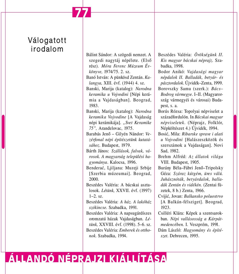 Svet Keramike 75, Aranðelovac, 1975. Barabás Jenõ Gilyén Nándor: Vezérfonal népi építészetünk kutatásához. Budapest, 1979. Bárth János: Szállások, falvak, városok. A magyarság települési hagyománya.