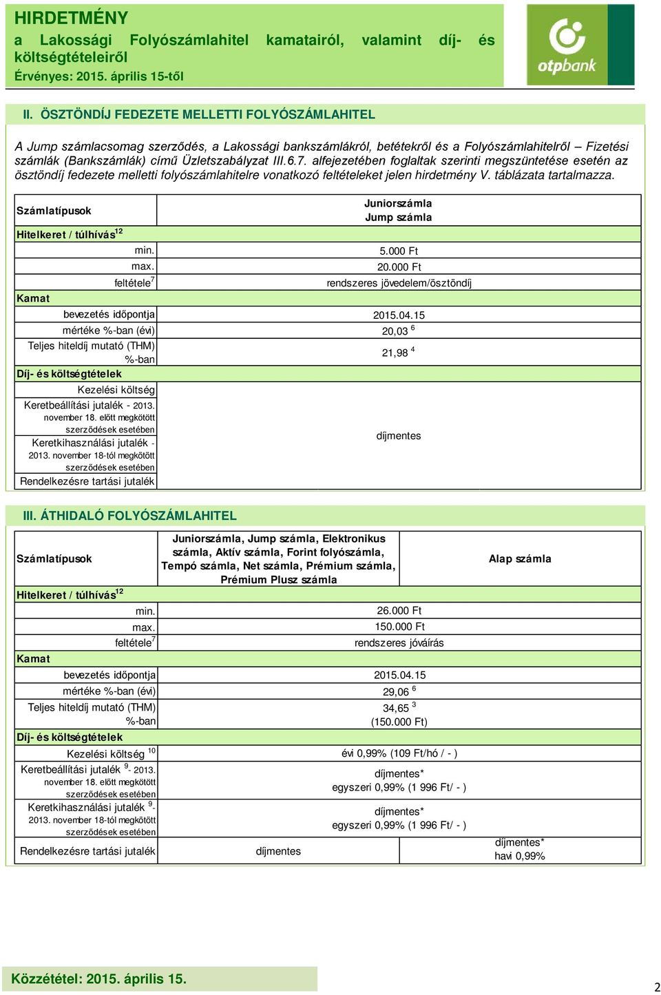 alfejezetében foglaltak szerinti megszüntetése esetén az ösztöndíj fedezete melletti folyóhitelre vonatkozó feltételeket jelen hirdetmény V. táblázata tartalmazza.