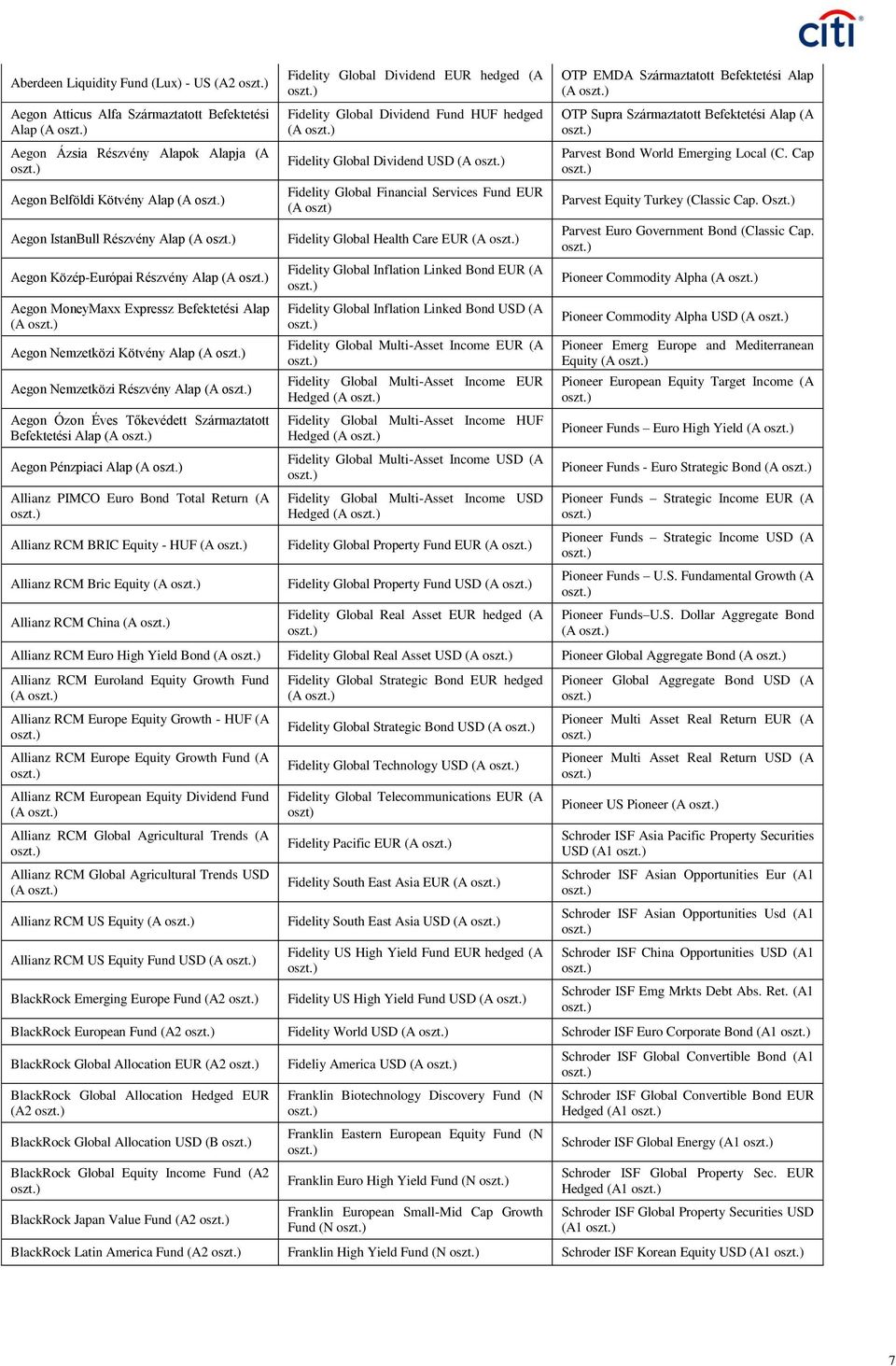 Alap (A Aegon Pénzpiaci Alap (A Allianz PIMCO Euro Bond Total Return (A Allianz RCM BRIC Equity - HUF (A Allianz RCM Bric Equity (A Allianz RCM China (A Fidelity Global Dividend EUR hedged (A