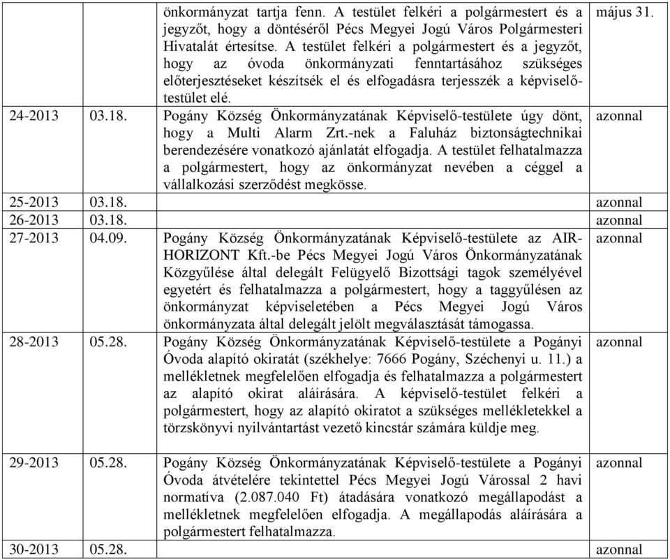 Pogány Község Önkormányzatának Képviselő-testülete úgy dönt, hogy a Multi Alarm Zrt.-nek a Faluház biztonságtechnikai berendezésére vonatkozó ajánlatát elfogadja.