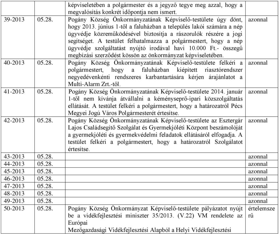 A testület felhatalmazza a polgármestert, hogy a nép ügyvédje szolgáltatást nyújtó irodával havi 10.000 Ft.- összegű megbízási szerződést kössön az önkormányzat képviseletében. 40-2013 05.28.