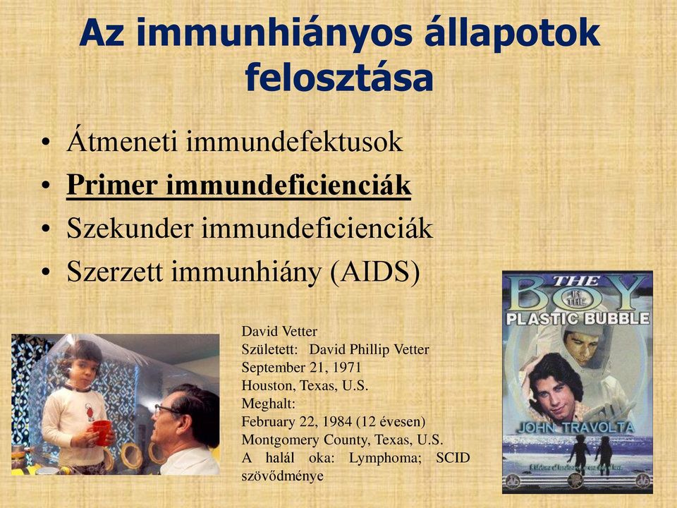 Vetter Született: David Phillip Vetter September 21, 1971 Houston, Texas, U.S. Meghalt: February 22, 1984 (12 évesen) Montgomery County, Texas, U.