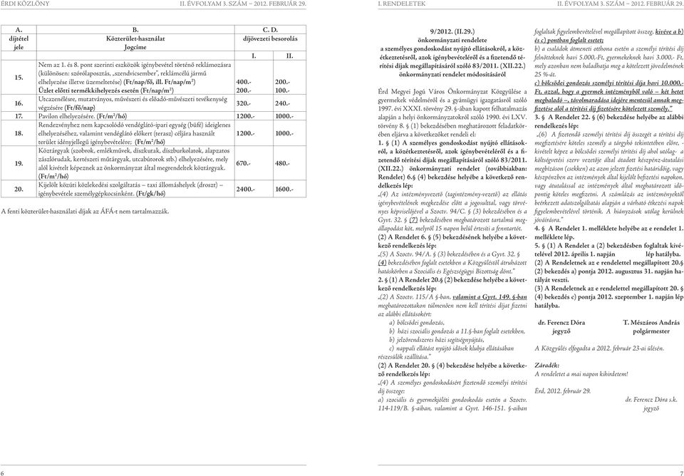 Ft/nap/m 2 ) Üzlet előtti termékkihelyezés esetén (Ft/nap/m 2 ) Utcazenélésre, mutatványos, művészeti és előadó-művészeti tevékenység végzésére (Ft/fő/nap) 400.- 200.- 200.- 100.- 320.- 240.- 17.