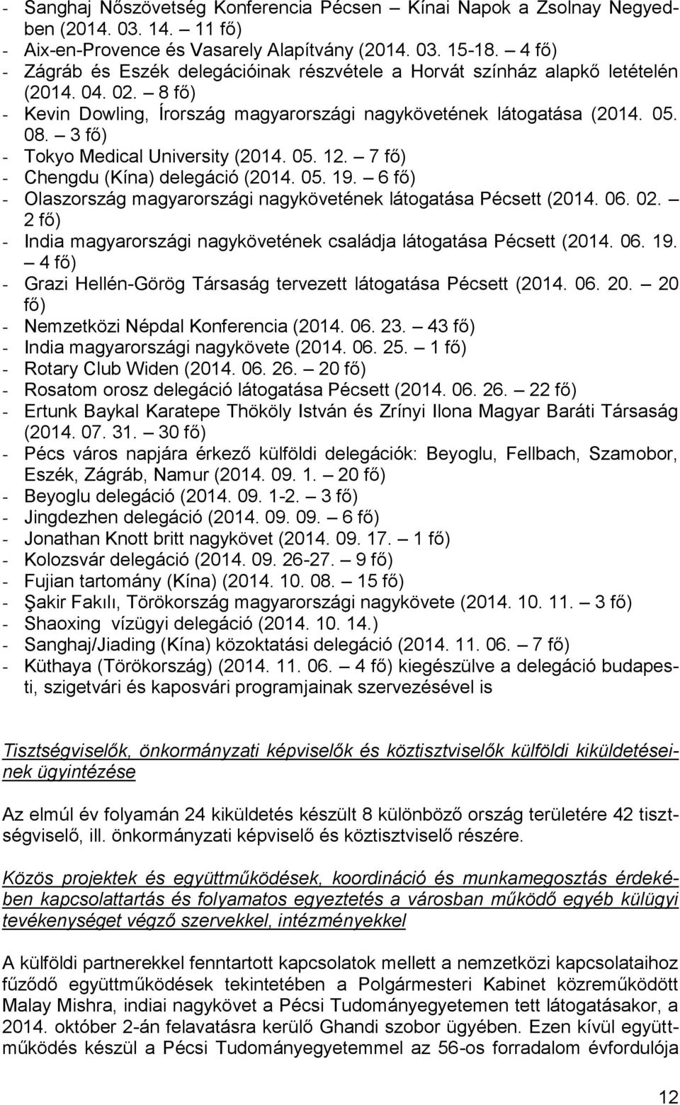 3 fő) - Tokyo Medical University (2014. 05. 12. 7 fő) - Chengdu (Kína) delegáció (2014. 05. 19. 6 fő) - Olaszország magyarországi nagykövetének látogatása Pécsett (2014. 06. 02.