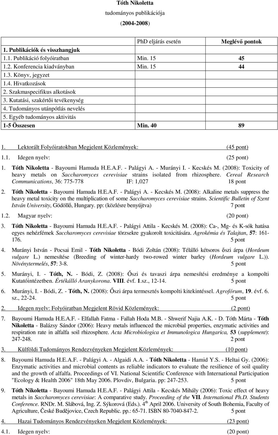 Lektorált Folyóiratokban Megjelent Közlemények: (4) 1.1. Idegen nyelv: (2) 1. Tóth Nikoletta - Bayoumi Hamuda H.E.A.F. - Palágyi A. - Murányi I. - Kecskés M.