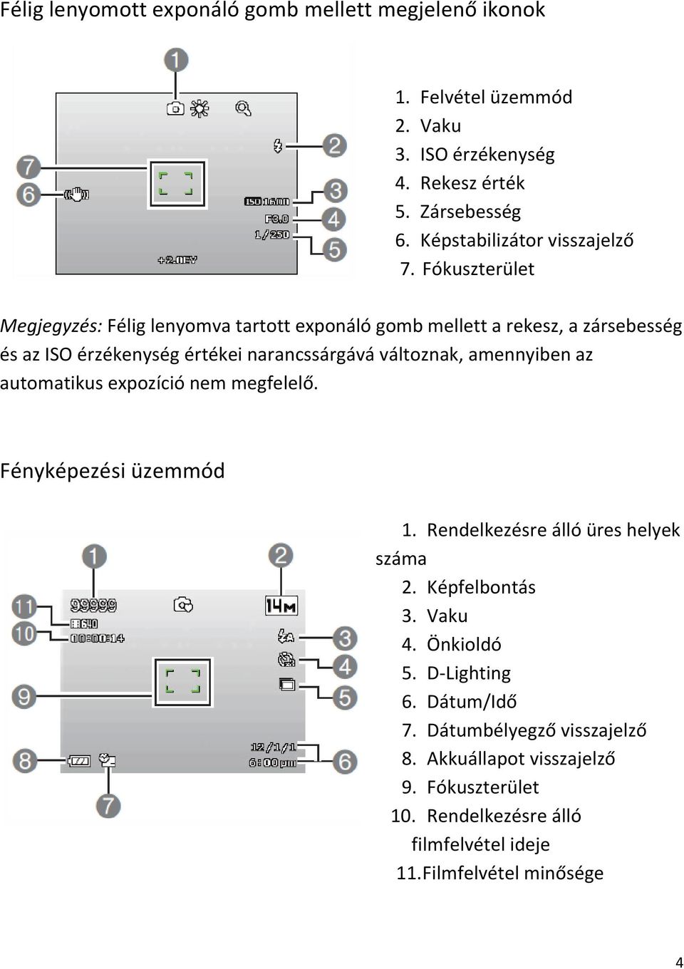 Fókuszterület Megjegyzés: Félig lenyomva tartott exponáló gomb mellett a rekesz, a zársebesség és az ISO érzékenység értékei narancssárgává változnak,