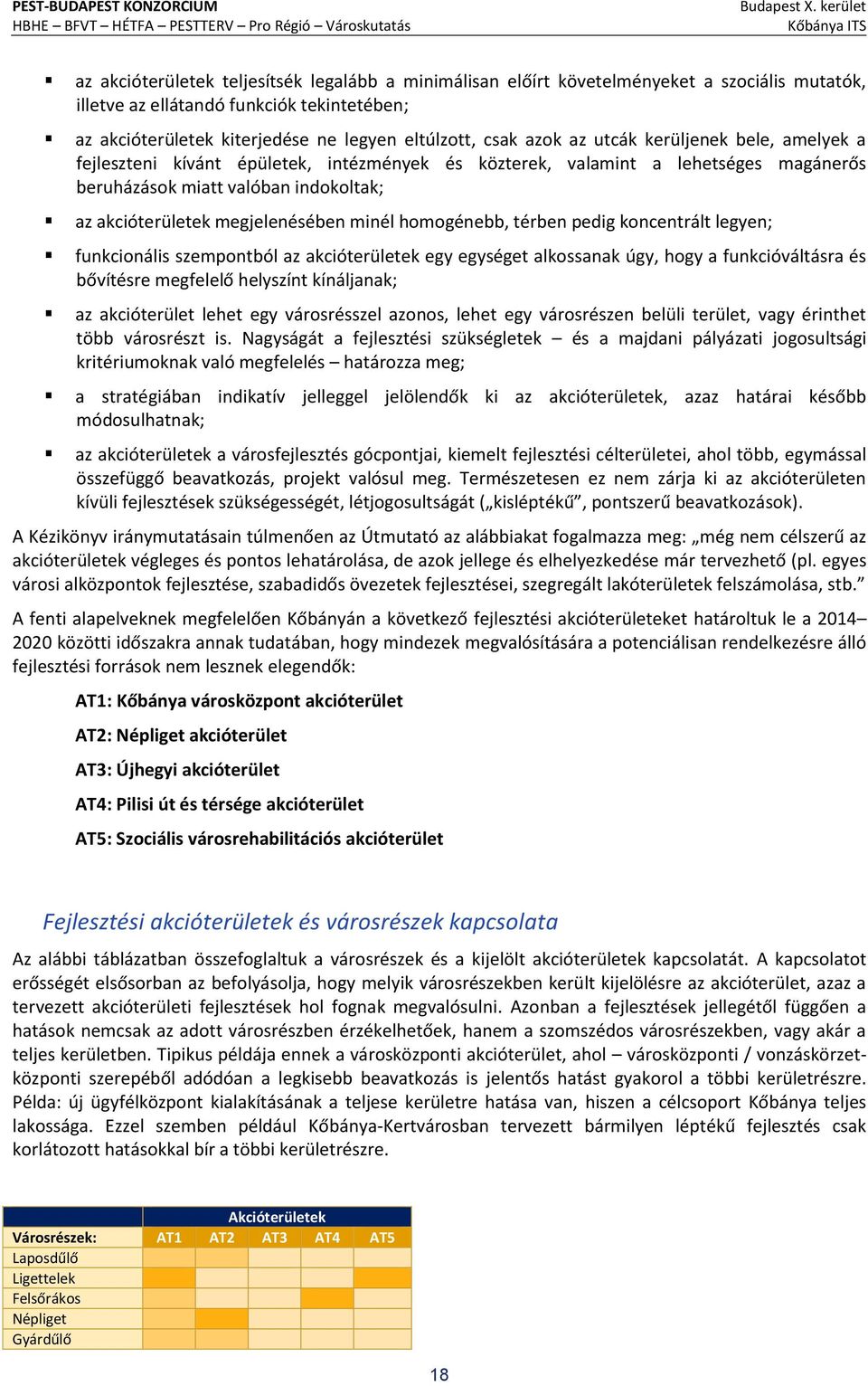 minél homogénebb, térben pedig koncentrált legyen; funkcionális szempontból az akcióterületek egy egységet alkossanak úgy, hogy a funkcióváltásra és bővítésre megfelelő helyszínt kínáljanak; az