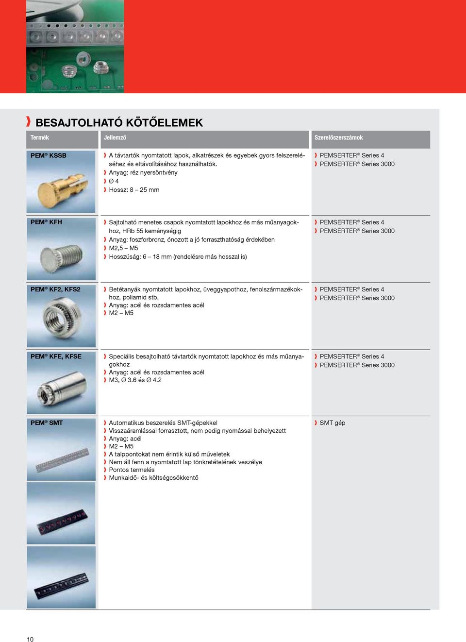 ónozott a jó forraszthatóság érdekében M2,5 M5 Hosszúság: 6 18 mm (rendelésre más hosszal is) PEMSERTER Series 4 PEMSERTER Series 3000 PEM KF2, KFS2 Betétanyák nyomtatott lapokhoz, üveggyapothoz,