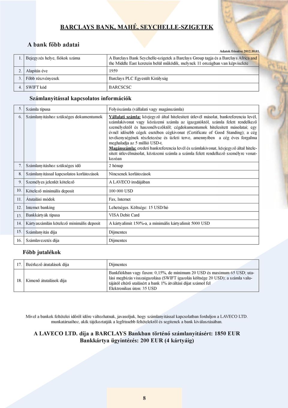 Alapítás éve 1959 3. Főbb részvényesek Barclays PLC Egyesült Királyság 4. SWIFT kód BARCSCSC 5. Számla típusa Folyószámla (vállalati vagy magánszámla) 6.