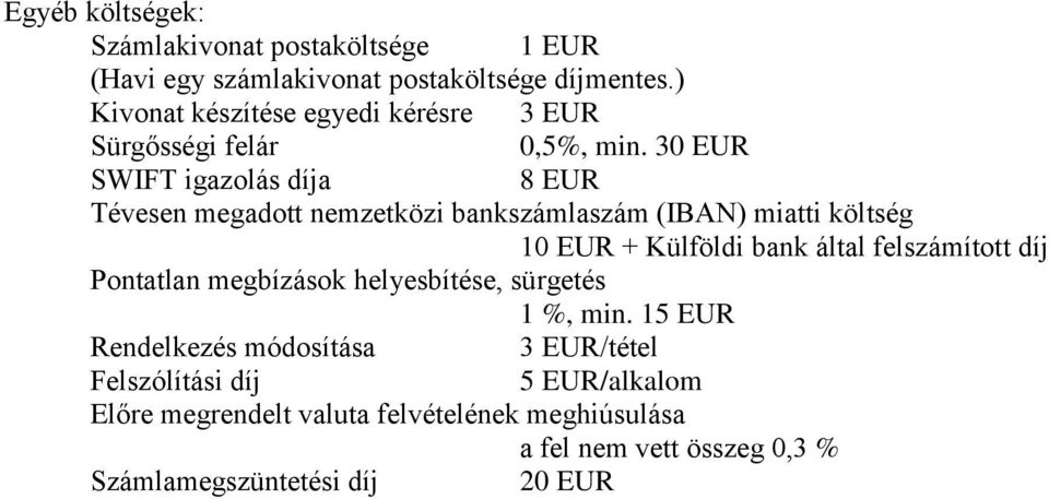 30 EUR SWIFT igazolás díja 8 EUR Tévesen megadott nemzetközi bankszámlaszám (IBAN) miatti költség 10 EUR + Külföldi bank által