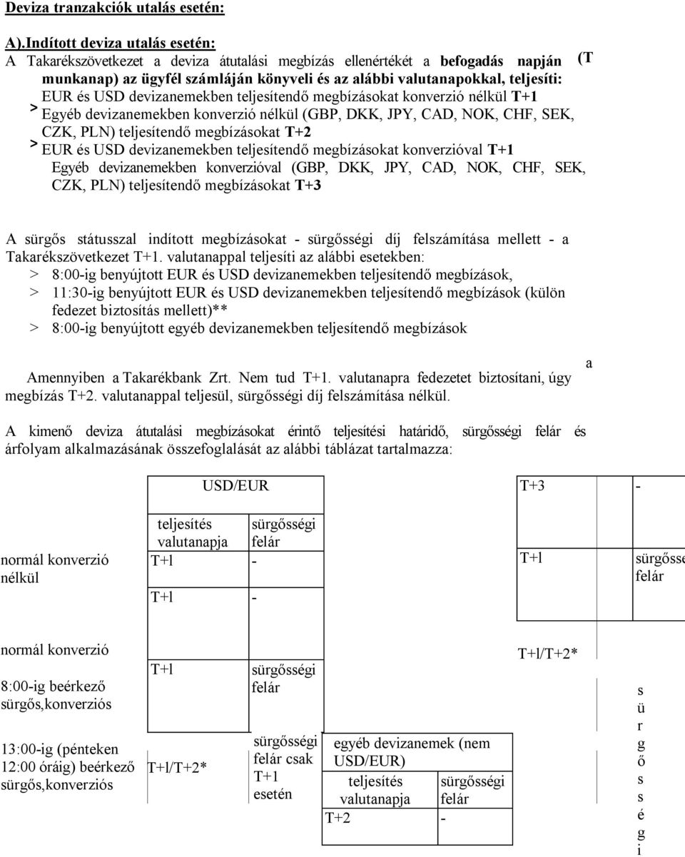 és USD devizanemekben teljesítendő megbízásokat konverzió nélkül T+1 > Egyéb devizanemekben konverzió nélkül (GBP, DKK, JPY, CAD, NOK, CHF, SEK, CZK, PLN) teljesítendő megbízásokat T+2 > EUR és USD