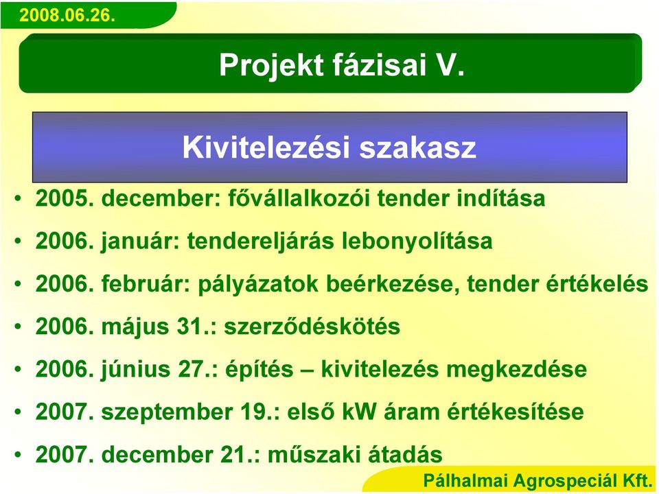 február: pályázatok beérkezése, tender értékelés 2006. május 31.: szerződéskötés 2006.