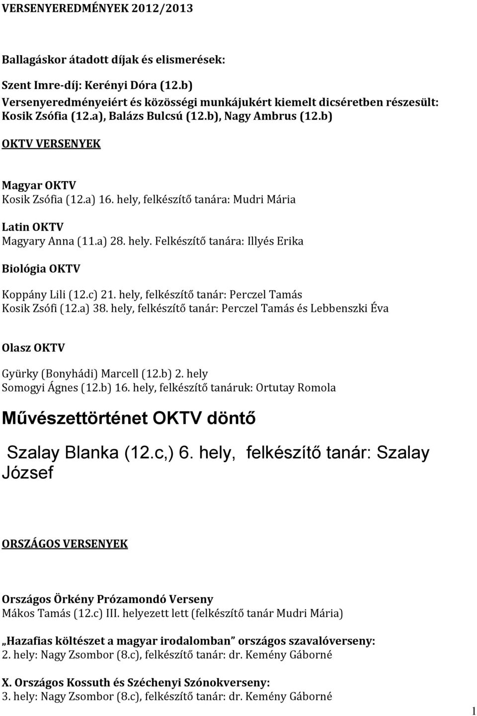 c) 21. hely, felkészítő tanár: Perczel Tamás Kosik Zsófi (12.a) 38. hely, felkészítő tanár: Perczel Tamás és Lebbenszki Éva Olasz OKTV Gyürky (Bonyhádi) Marcell (12.b) 2. hely Somogyi Ágnes (12.b) 16.