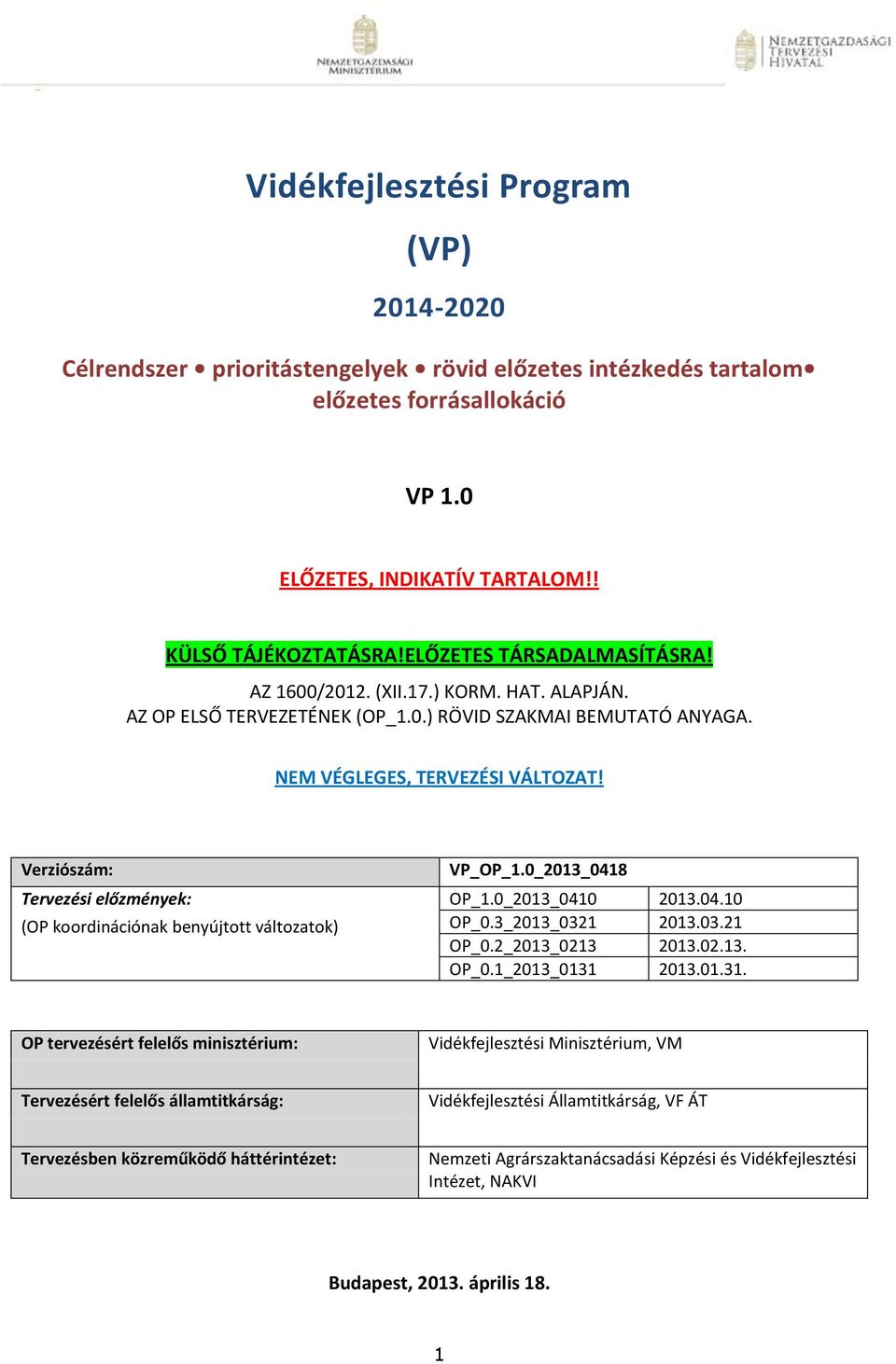 Verziószám: Tervezési előzmények: (OP koordinációnak benyújtott változatok) VP_OP_1.0_2013_0418 OP_1.0_2013_0410 2013.04.10 OP_0.3_2013_0321 2013.03.21 OP_0.2_2013_0213 2013.02.13. OP_0.1_2013_0131 2013.