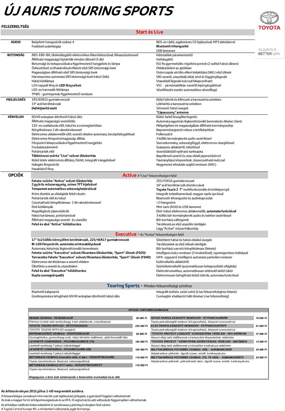 kipörgésgátlóval Vészfékezés esetén automatikus vészvillogó MEGJELENÉS 195/65R15 gumiabroncsok Külső tükrök és kilincsek a karosszéria színében 15" acél keréktárcsák Lökhárító a karosszéria színében