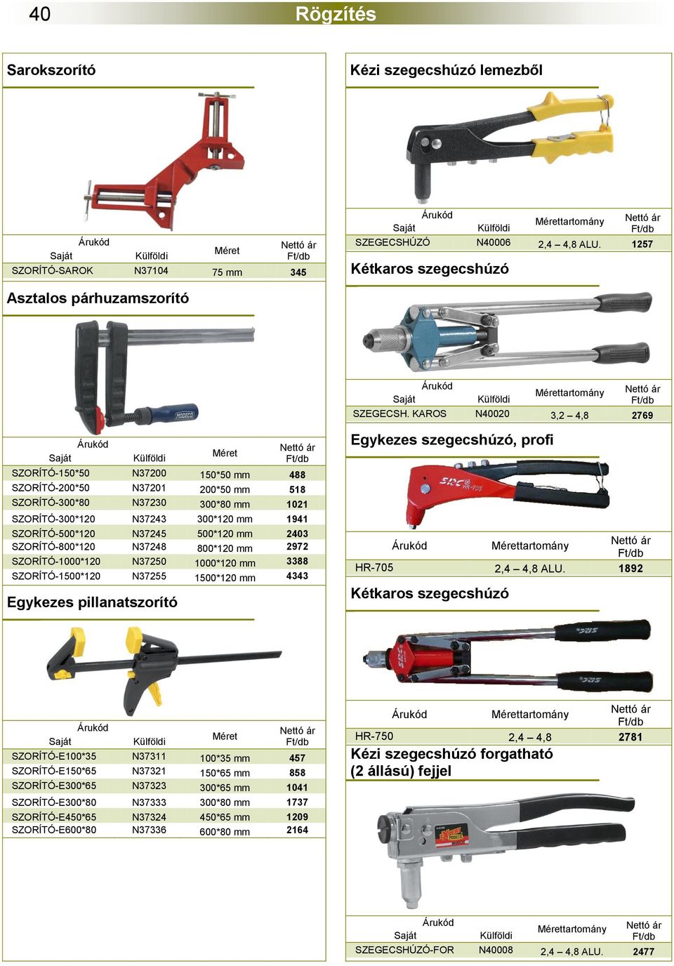 500*120 mm 2403 SZORÍTÓ-800*120 N37248 800*120 mm 2972 SZORÍTÓ-1000*120 N37250 1000*120 mm 3388 SZORÍTÓ-1500*120 N37255 1500*120 mm 4343 Egykezes pillanatszorító Egykezes szegecshúzó, profi tartomány