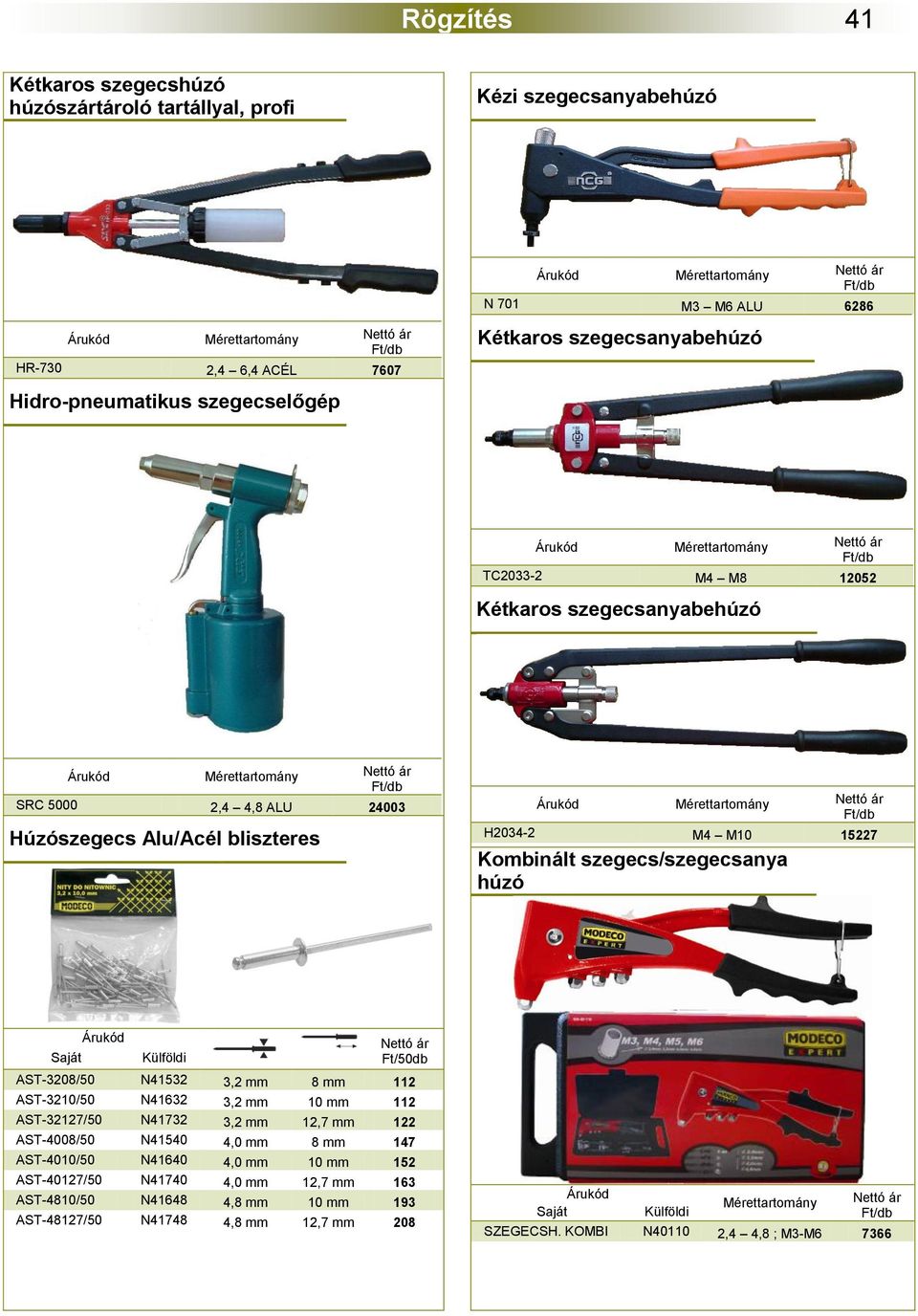 Kombinált szegecs/szegecsanya húzó Ft/50db AST-3208/50 N41532 3,2 mm 8 mm 112 AST-3210/50 N41632 3,2 mm 10 mm 112 AST-32127/50 N41732 3,2 mm 12,7 mm 122 AST-4008/50 N41540 4,0 mm 8 mm 147