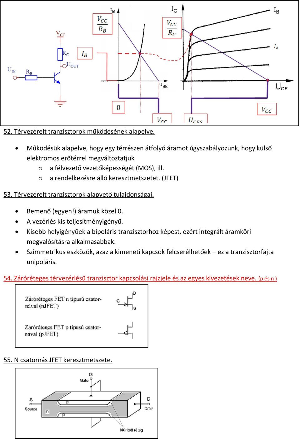 o a rendelkezésre álló keresztmetszetet. (JFET) 53. Térvezérelt tranzisztorok alapvető tulajdonságai. Bemenő (egyen!) áramuk közel 0. A vezérlés kis teljesítményigényű.