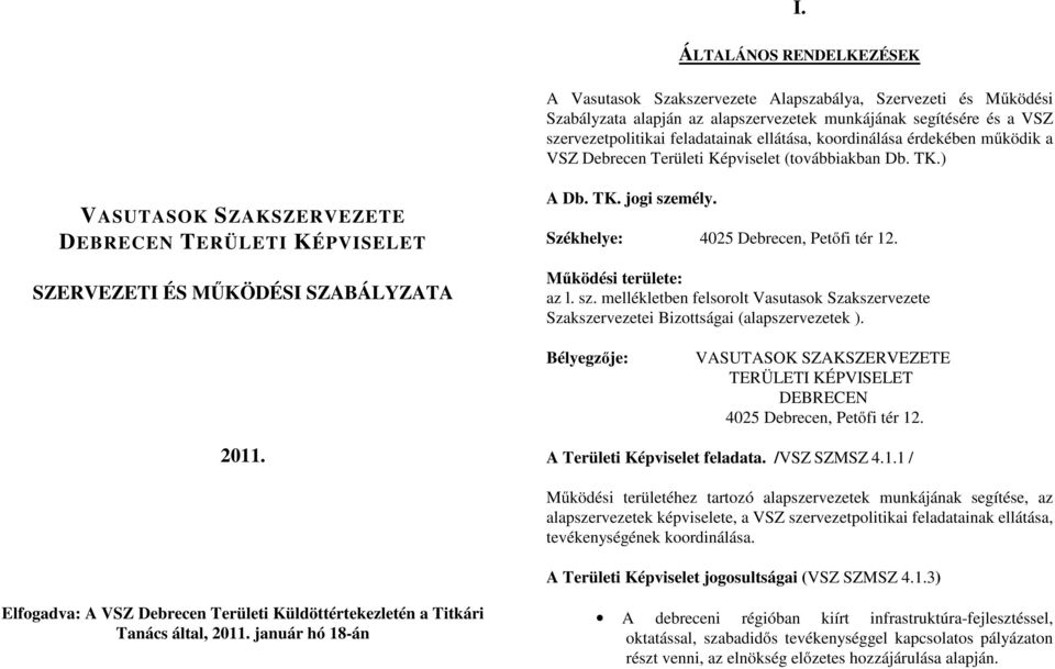 Székhelye: 4025 Debrecen, Petőfi tér 12. Működési területe: az l. sz. mellékletben felsorolt Vasutasok Szakszervezete Szakszervezetei Bizottságai (alapszervezetek ).