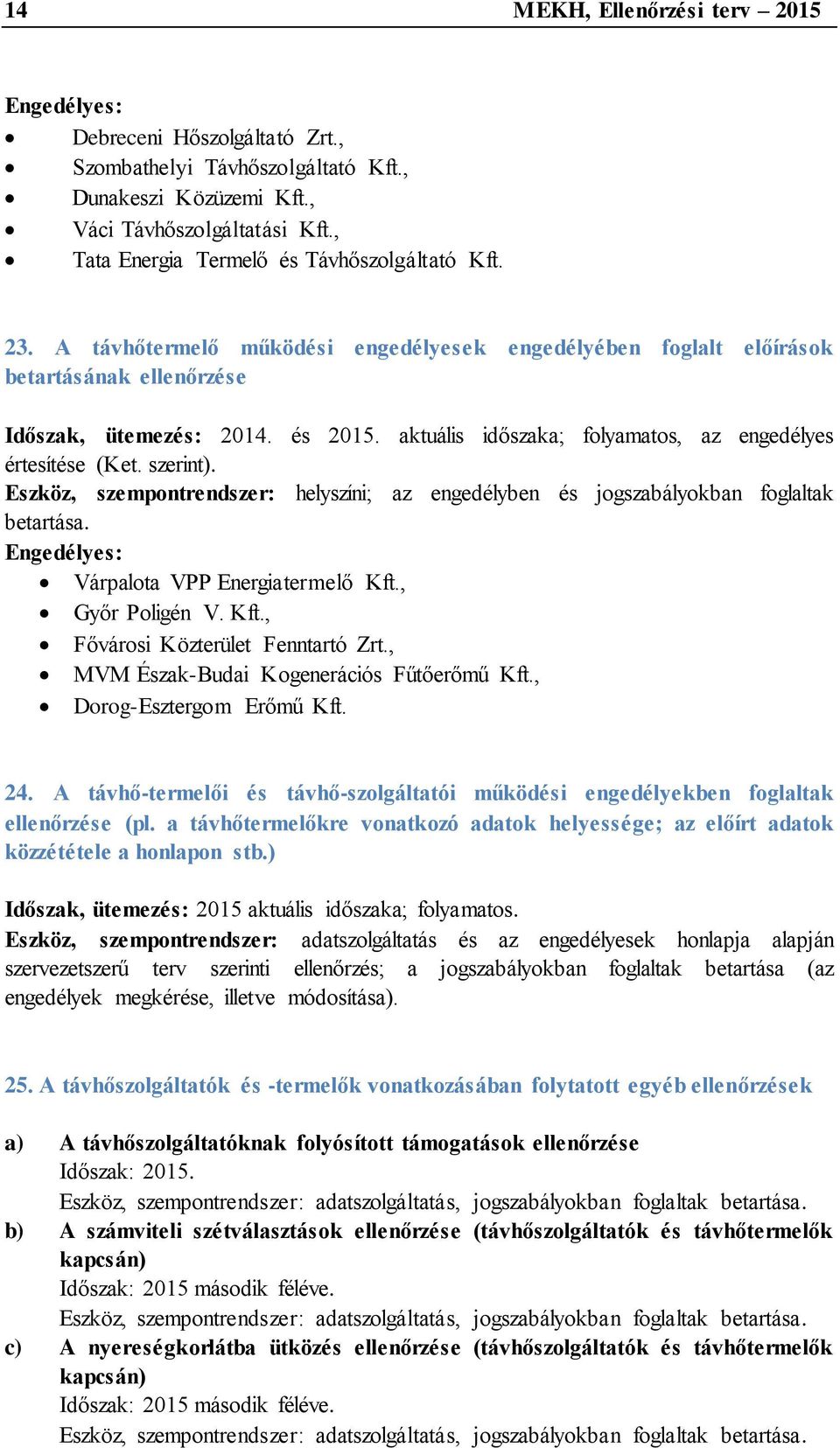 aktuális időszaka; folyamatos, az engedélyes értesítése (Ket. szerint). Eszköz, szempontrendszer: helyszíni; az engedélyben és jogszabályokban foglaltak betartása.