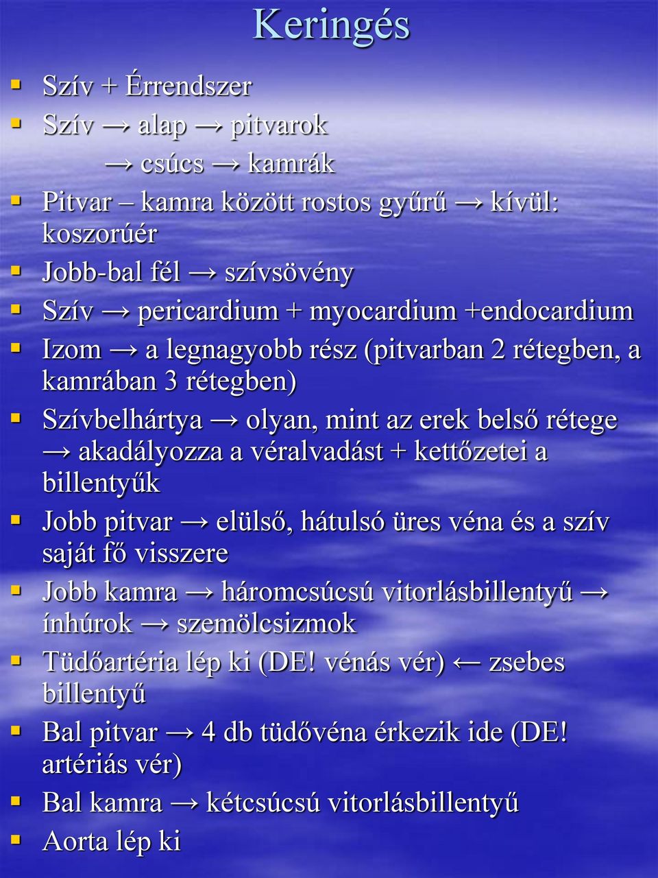 véralvadást + kettőzetei a billentyűk Jobb pitvar elülső, hátulsó üres véna és a szív saját fő visszere Jobb kamra háromcsúcsú vitorlásbillentyű ínhúrok