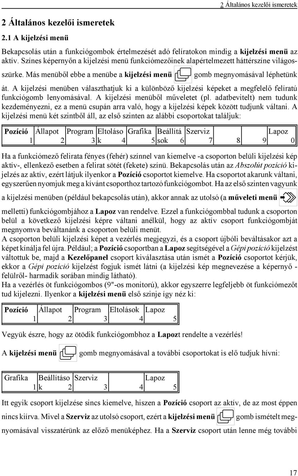A kijelzési menüben választhatjuk ki a különböző kijelzési képeket a megfelelő felíratú funkciógomb lenyomásával. A kijelzési menüből műveletet (pl.