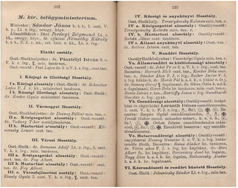 -vezető: Fest Lajo8 dr. 3. o.v. k. r.lvg., oszt.tan. I. Közjogi é. illetöbégi főosztály. I a. Közjogi alosztály: Oszt.-főnÖk: dr. Schreiber Lafo9 F. J T. kk, miniszteri tanácsos. Ib.