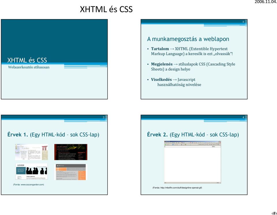 Megjelenés stíluslapok CSS (Cascading Style Sheets) a design helye Viselkedés Javascript használhatóság