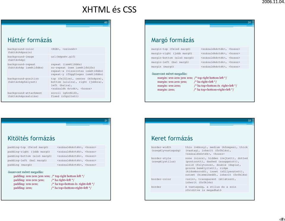 gif) repeat (ismétlıdés) no-repeat (nem ismétlıdjön) repeat-x (vizszintes ismétlıdés) repeat-y (függöleges ismétlıdés) top (felülre), center (középre), bottom (alulra), right (jobbra), left (balra),