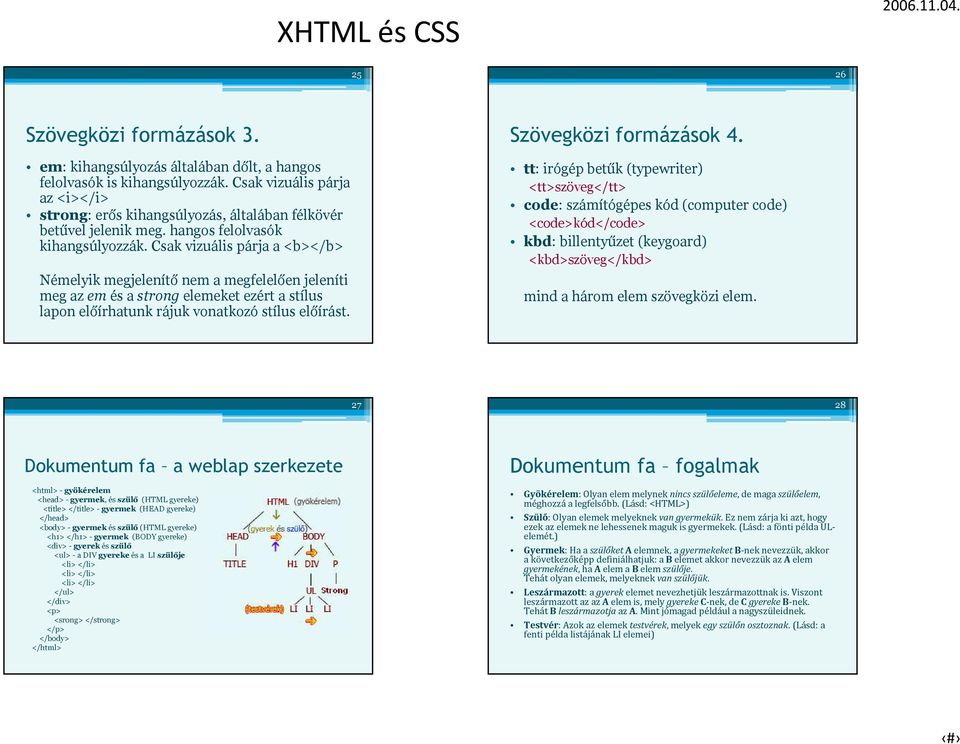 Csak vizuális párja a <b></b> Némelyik megjelenítő nem a megfelelően jeleníti meg az em és a strong elemeket ezért a stílus lapon előírhatunk rájuk vonatkozó stílus előírást. Szövegközi formázások 4.
