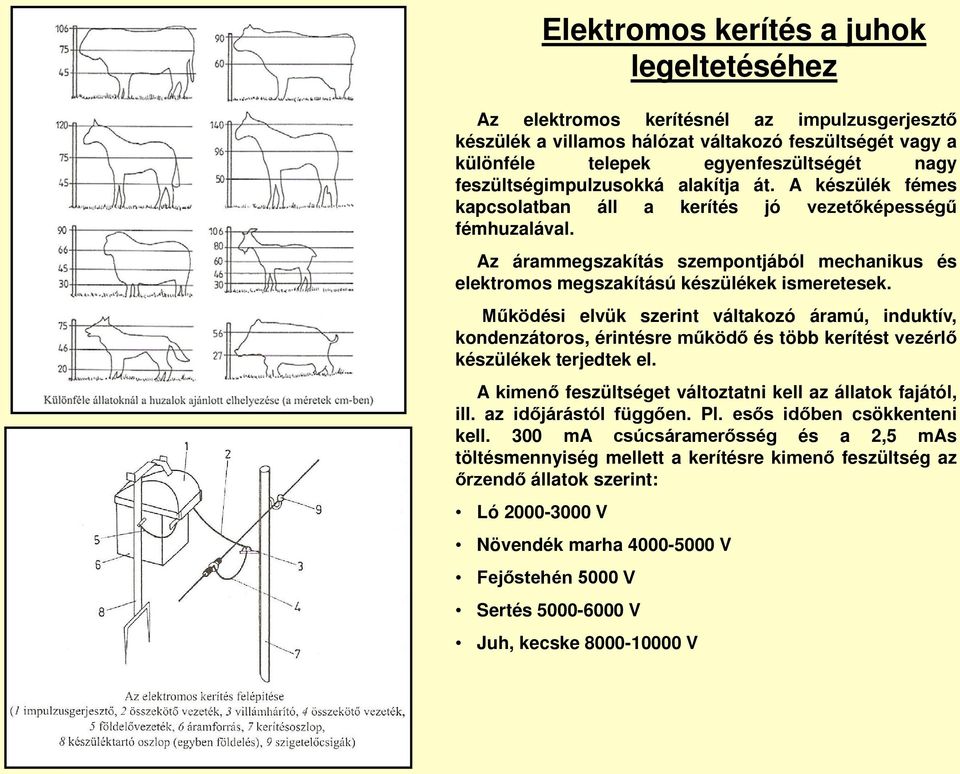 Működési elvük szerint váltakozó áramú, induktív, kondenzátoros, érintésre működő és több kerítést vezérlő készülékek terjedtek el. A kimenő feszültséget változtatni kell az állatok fajától, ill.