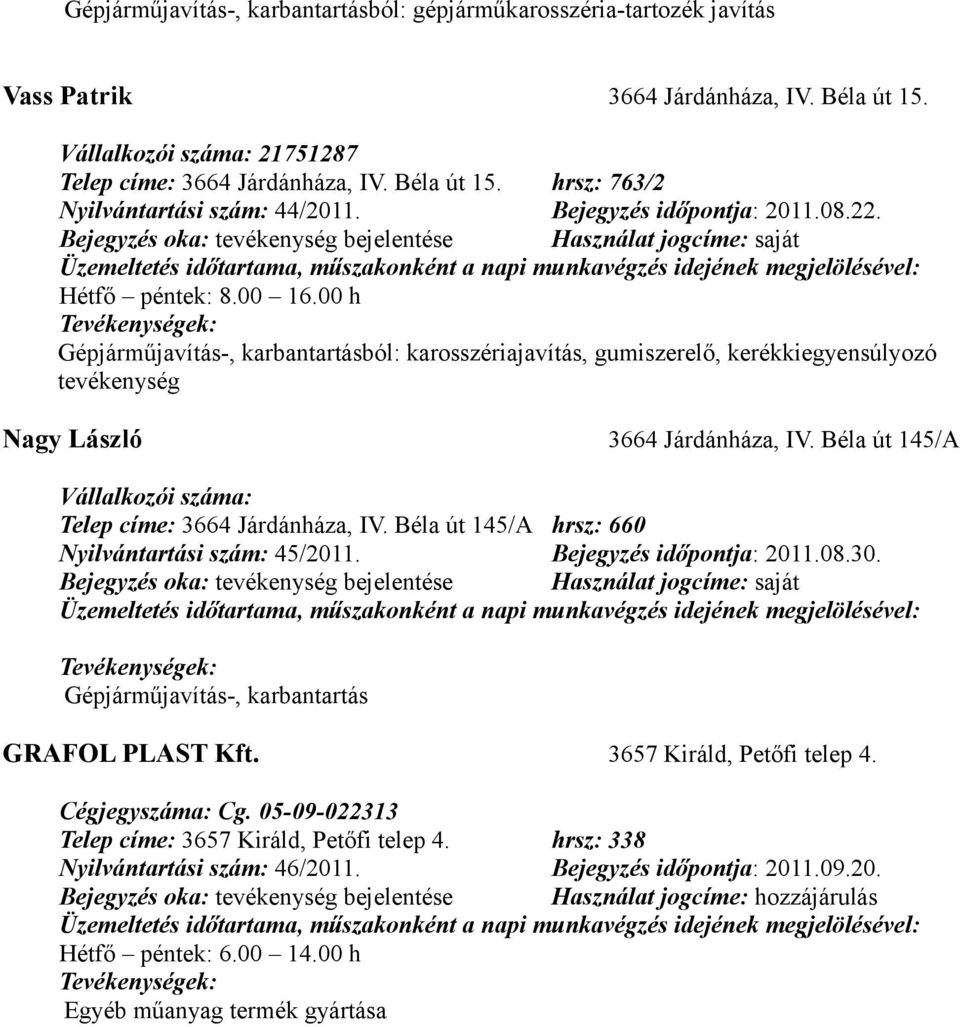 Béla út 145/A Vállalkozói száma: Telep címe: 3664 Járdánháza, IV. Béla út 145/A hrsz: 660 Nyilvántartási szám: 45/2011. Bejegyzés időpontja: 2011.08.30.