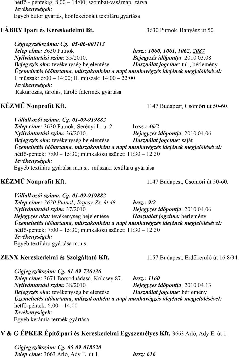 , bérlemény I. műszak: 6:00 14:00; II. műszak: 14:00 22:00 Raktározás, tárolás, tároló fatermék gyártása KÉZMŰ Nonprofit Kft. 1147 Budapest, Csömöri út 50-60. Vállalkozói száma: Cg.