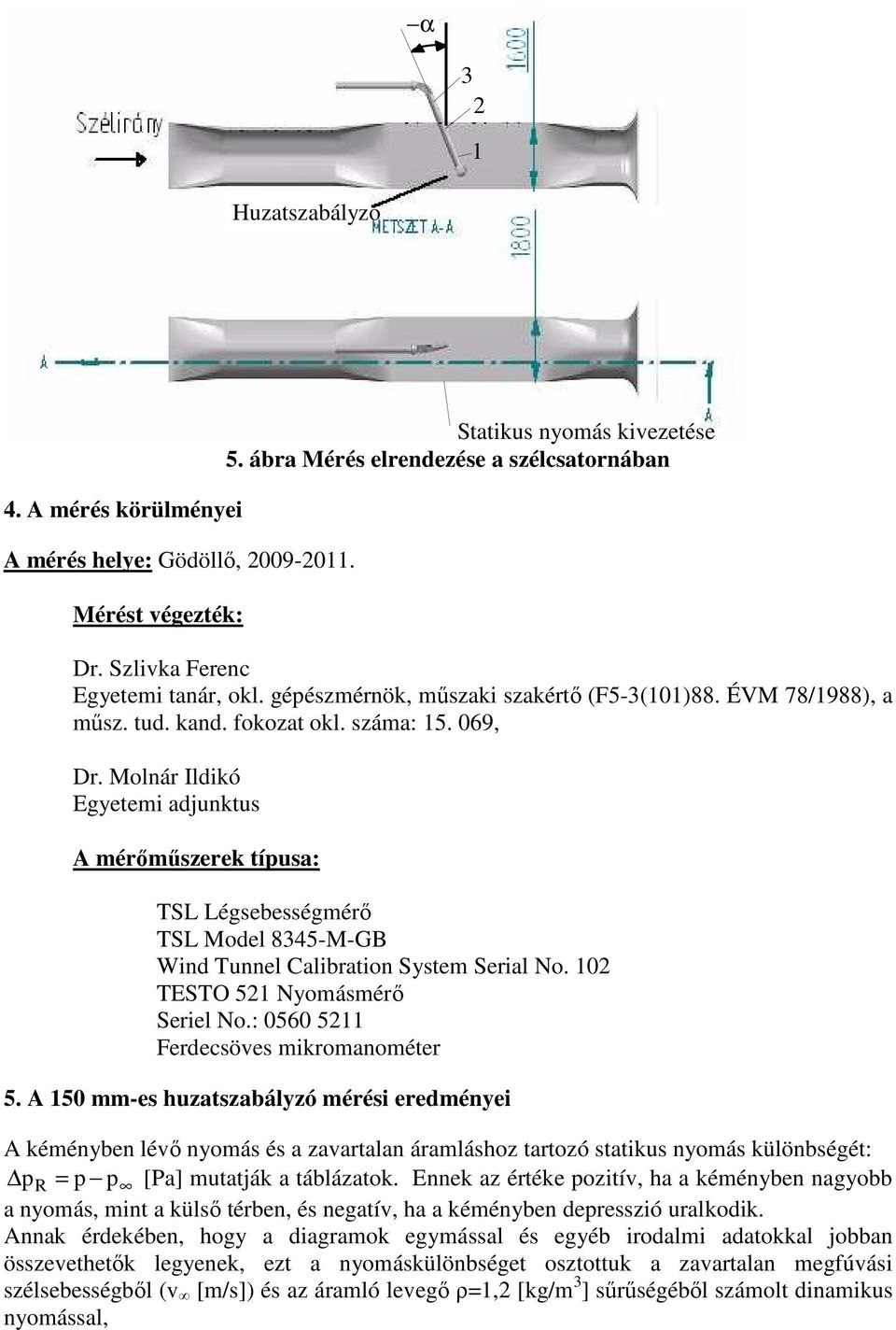 Molnár Ildikó Egyetemi adjunktus A mérőműszerek típusa: TSL Légsebességmérő TSL Model 8345-M-GB Wind Tunnel Calibration System Serial No. 102 TESTO 521 Nyomásmérő Seriel No.