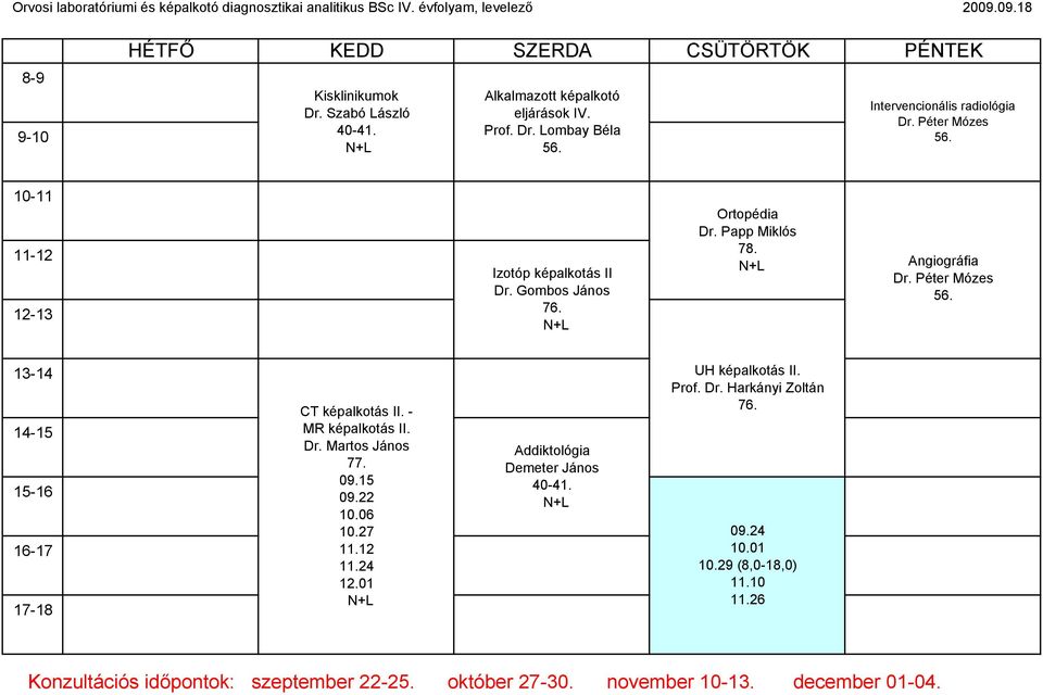 Gombos János Ortopédia Dr. Papp Miklós Angiográfia Dr. Péter Mózes 56. CT képalkotás II. - MR képalkotás II. Dr. Martos János 015 022 10.06 10.27 11.12 11.