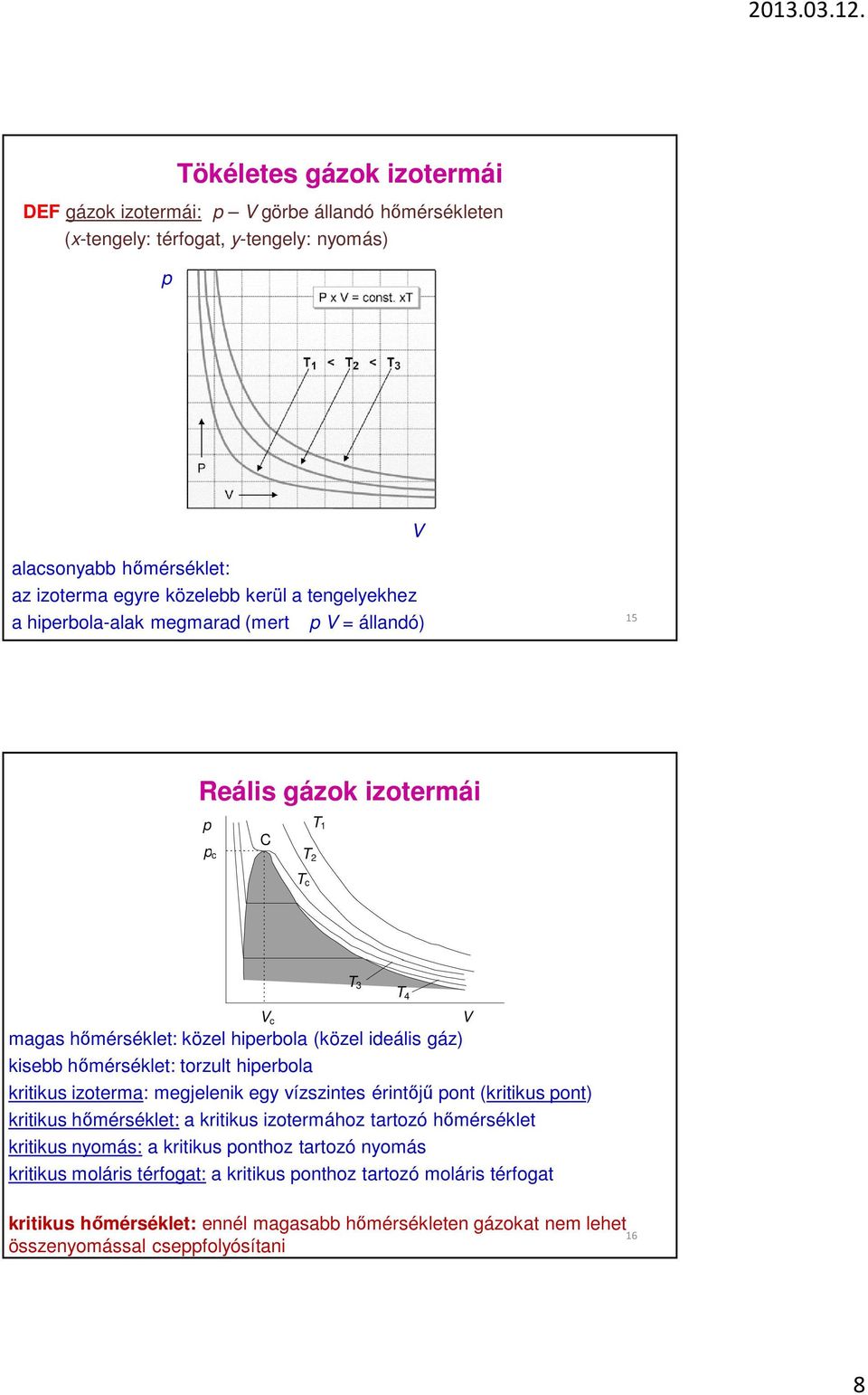 torzult hierbola kritikus izoterma: megjelenik egy vízszintes érintőjű ont (kritikus ont) kritikus hőmérséklet: a kritikus izotermához tartozó hőmérséklet kritikus nyomás: a kritikus