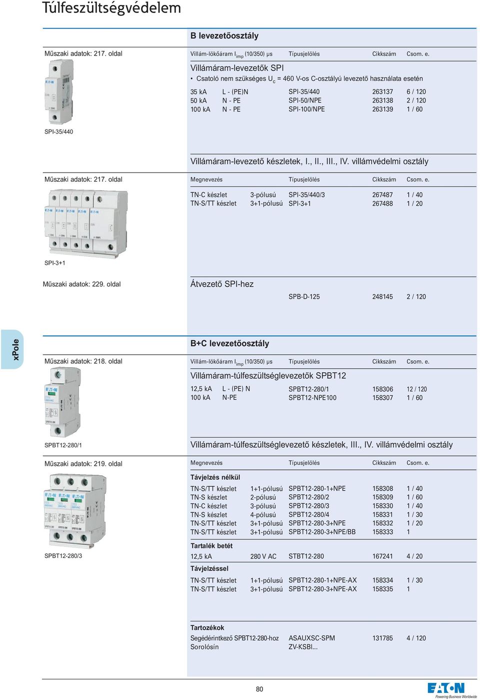 SPI-100/NPE 263139 1 / 60 SPI-35/440 Villámáram-levezető készletek, I., II., III., IV. villámvédelmi osztály Műszaki adatok: 217.
