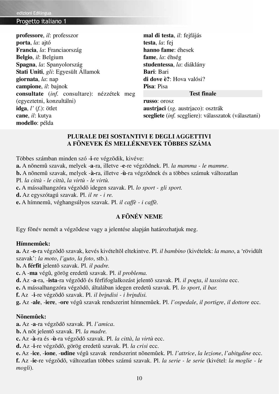 ): ötlet cane, il: kutya modello: példa mal di testa, il: fejfájás testa, la: fej hanno fame: éhesek fame, la: éhség studentessa, la: diáklány Bari: Bari di dove è?: Hova valósi?