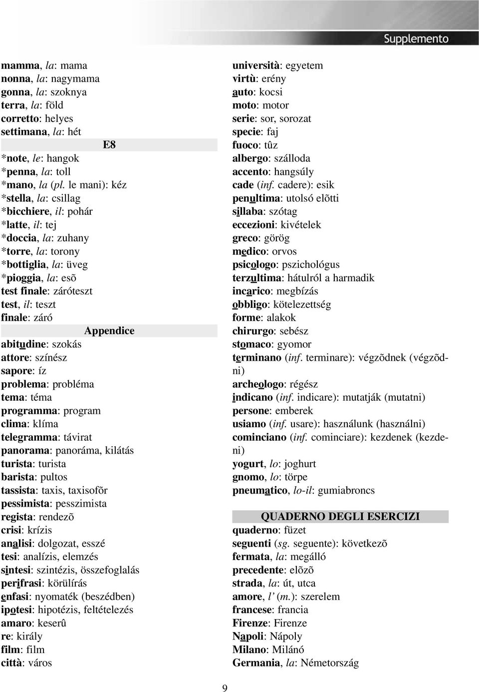 záró Appendice abitudine: szokás attore: színész sapore: íz problema: probléma tema: téma programma: program clima: klíma telegramma: távirat panorama: panoráma, kilátás turista: turista barista: